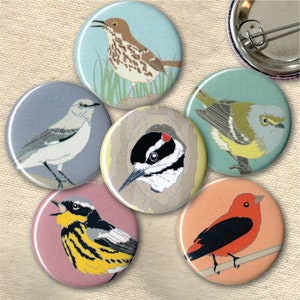 Songbird Pins-Southeastern US Species| Pack of 6 | nature cute audubon birder wildlife stocking stuffer button badge birdwatcher birding