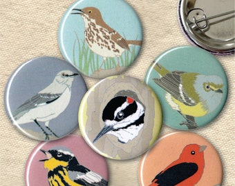 Songbird Pins-Southeastern US Species| Pack of 6 | nature cute audubon birder wildlife stocking stuffer button badge birdwatcher birding