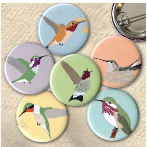 Hummingbird Pins | Pack of 6 | nature songbird audubon birder wildlife stocking stuffer button badge birdwatcher