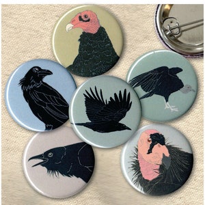 Crow and Vulture Pins | Pack of 6 | nature raven audubon birder wildlife stocking stuffer button badge birdwatcher goth conservation