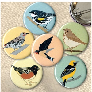 Wild Meadow Birds Pins | Pack of 6 | nature california outdoors birder wildlife stocking stuffer bird buttons badge birdwatcher cute