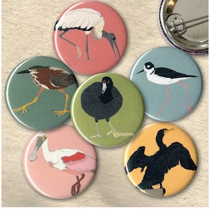 Southern Swamp Bird Pins | Pack of 6 | nature marsh audubon birder wildlife stocking stuffer button badge birdwatcher birding native species