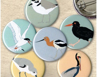 Shorebird Pins | Pack of 6 | nature ocean birder beach shore wildlife stocking stuffer button badge birdwatcher audubon