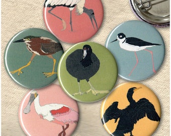 Southern Swamp Bird Pins | Pack of 6 | nature marsh audubon birder wildlife stocking stuffer button badge birdwatcher birding native species