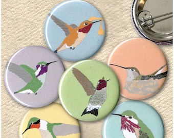 Hummingbird Pins | Pack of 6 | nature songbird audubon birder wildlife stocking stuffer button badge birdwatcher