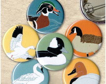 Waterfowl Pins | Pack of 6 | nature duck goose swan birder wetlands wildlife stocking stuffer button badge birdwatcher audubon