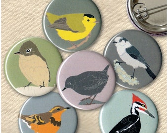 Pacific NW Forest Bird Pins | Pack of 6 | nature songbird audubon birder wildlife stocking stuffer button badge birdwatcher