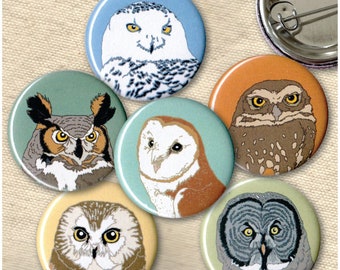 Owl Pins | Pack of 6 | nature raptor birder bird of prey wildlife stocking stuffer button badge birdwatcher