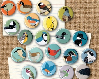 Mix and Match 24 Bird Pins: 100+ Designs! | US native wild songbirds raptors owls waterbirds and more | pinback button favor birder audubon