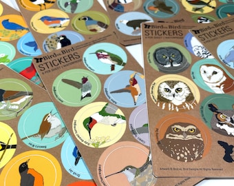 Bird Sticker Assortment |  48 Different Designs | waterproof round decal birder favor audubon cute nature wildlife colorful bulk pack