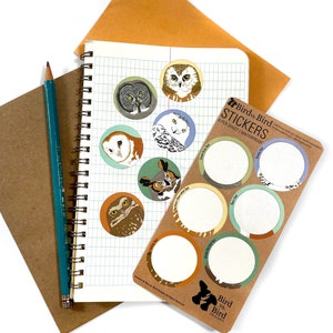 May include: A sheet of 6 waterproof bird stickers with a brown background. The stickers feature different types of owls, including a snowy owl, a great grey owl, a barn owl, a barred owl, a northern saw-whet owl, and a great horned owl. The stickers are labeled with the common name of each owl.