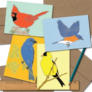 8 Songbird Note Cards | 2 Each of 4 Designs | Recycled Paper | blank notecard greeting card cardinal bluebird birder audubon cute wildlife