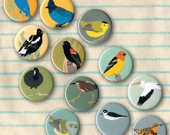 Mix and Match 12 Bird Pins: 100+ Designs! | US native wild songbirds, raptors, waterbirds and more | pinback button favor birder audubon
