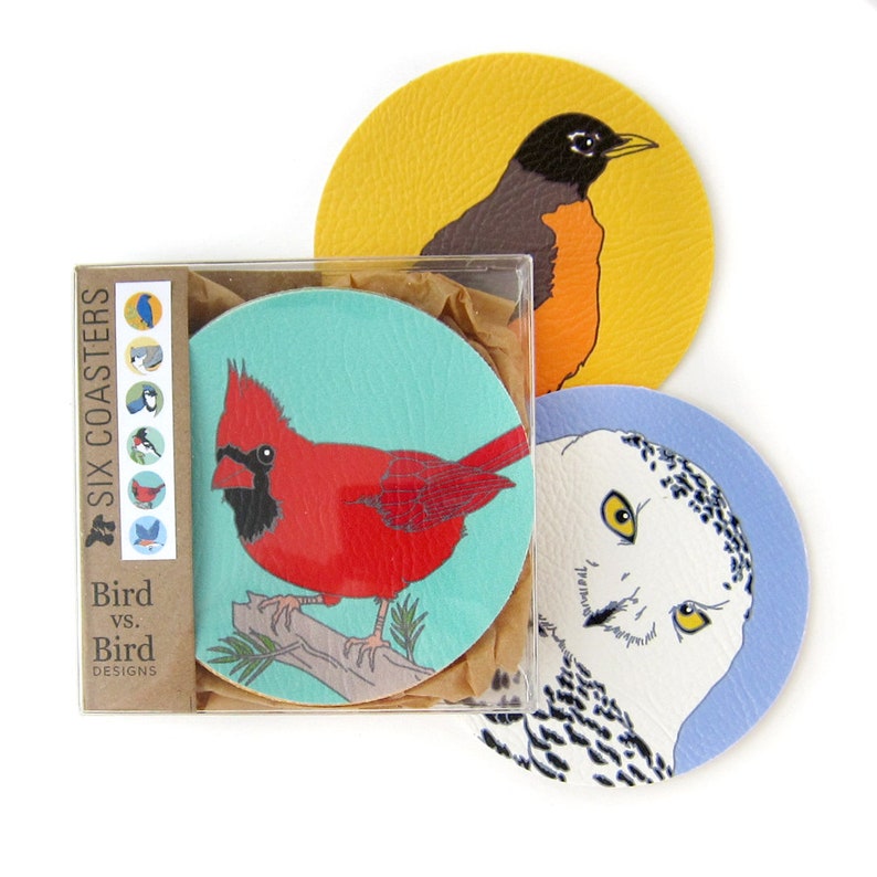 Set of 6 Vegan Leather Wild Bird Coasters Choose from 11 Different Sets nature wildlife hostess gift outdoors birder birding cute image 2