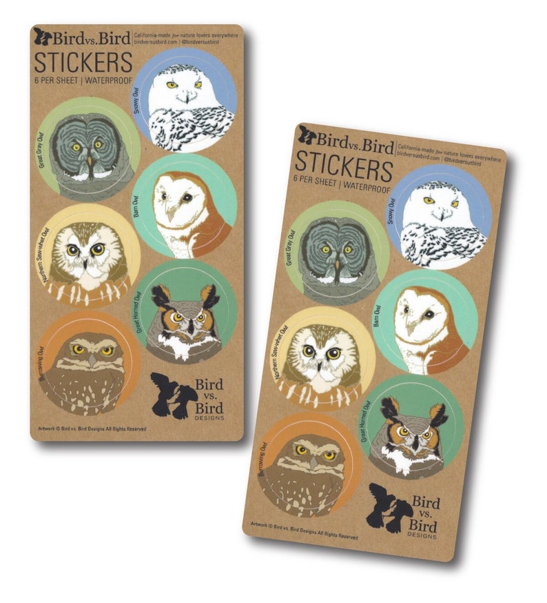 May include: A sheet of 6 waterproof stickers featuring different owl species. The stickers are round and have a brown background with white outlines. The owls are illustrated in a realistic style with detailed features. The text "Bird vs. Bird Designs" is printed in black at the bottom of the sheet.