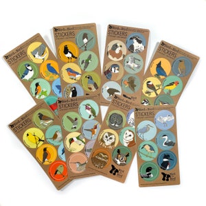 May include: A set of eight sheets of waterproof stickers featuring colorful illustrations of various bird species. Each sheet has the text "Bird Bird Stickers" and "8 per sheet | waterproof".