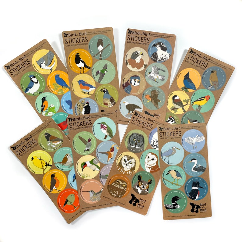 May include: A set of eight sheets of waterproof stickers featuring colorful illustrations of various bird species. Each sheet has the text "Bird Bird Stickers" and "8 per sheet | waterproof".