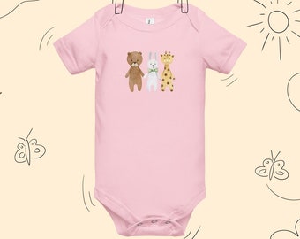 Watercolor Baby Bodysuit 'Three Friends - Bear, Giraffe, Rabbit' - Soft Cotton Infant Onesie - Artistic Animal Print - Baby Shower Gift