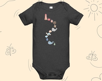 Maritime Baby Bodysuit with Lighthouse, Whale, and Turtle Print - Nautical Ocean-Themed Soft Cotton Infant Onesie - Baby Shower Gifts