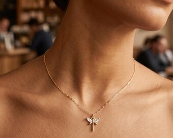 14k Gold Plated Dragonfly Necklace, Cubic Zirconia Dainty Pendant, Handmade Jewelry