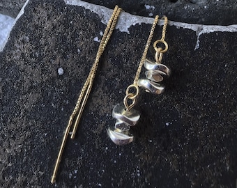 Pendientes de hilo de metal mixto apilados, colgantes de dos tonos, pendientes de hilo con piedra pequeña, estilo "tirar y aflojar", borla de hematita, pepita pequeña