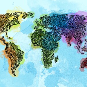 May include: A world map with a watercolor background. The continents are outlined in black and filled with intricate patterns. The colors of the patterns vary by continent, with North America in orange and green, South America in orange and green, Europe in blue and purple, Africa in green, Asia in purple and pink, Australia in red.