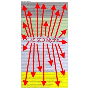 Puede incluir: Un gráfico con flechas rojas apuntando hacia arriba y hacia abajo, con el texto "45 SEO Myths" en el centro. El gráfico está destinado a ilustrar los mitos comunes sobre la optimización de motores de búsqueda.