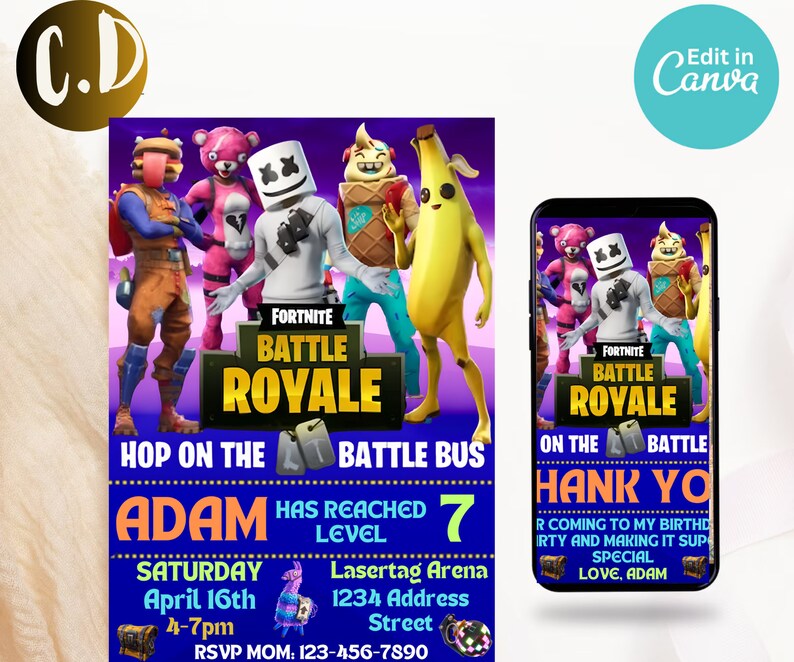 Editable Fort Night Birthday Invitation,with Thank You Card,fort Night