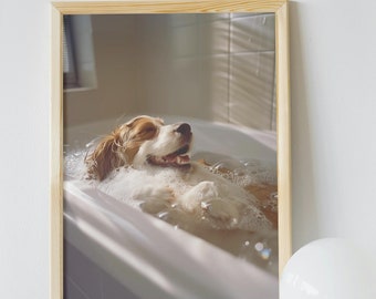Può includere: Una fotografia incorniciata di un cane che si rilassa in una vasca da bagno piena di bolle. Il cane sorride e ha gli occhi chiusi. Il bagno è piastrellato e ha una finestra con le tapparelle.