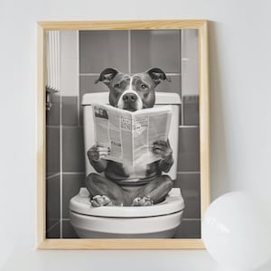 Pit Bull Bathroom Print: Funny Dog Reading Newspaper (Digital Download)