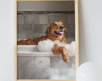 Funny Golden Retriever in Bubble Bath Print: Bathroom Wall Art (Digital Download)