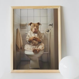 Pit Bull Bathroom Wall Art, Funny House Decor Print, Pit Bull Wearing Pajamas Sitting on Toilet with Phone, Quirky Art, Pet Digital Download