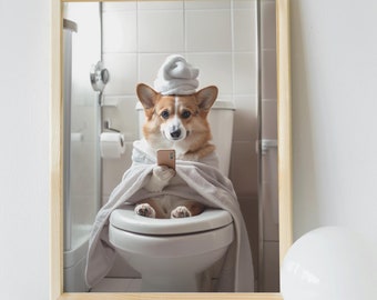 Funny Corgi Bathroom Art Print: Quirky Pet Poster (Digital Download)