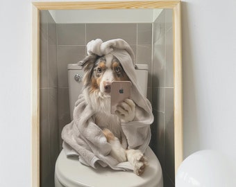 Australian Shepherd Bathroom Wall Art, Funny House Decor Print, Australian Shepherd Sitting on the Toilet in a Robe, Pet Digital Download