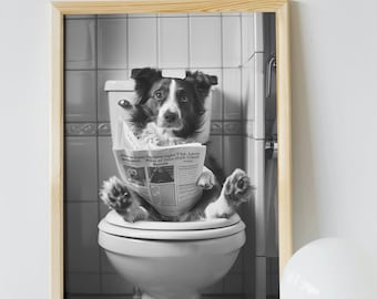 Australian Shepherd Bathroom Wall Art, Funny House Decor Print, Australian Shepherd Reading a Newspaper on the Toilet, Pet Digital Download