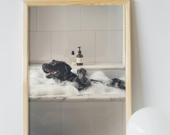 Black Labrador Retriever Bathroom Wall Art, Funny House Decor Art Print, Black Lab Smiling in Bubble Bath, Fun Poster, Pet Digital Download