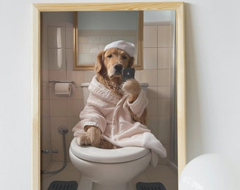 May include: A golden retriever dog wearing a pink bathrobe and a white bath cap sits on a white toilet in a bathroom. The dog is holding a smartphone in its paw and appears to be taking a selfie.