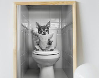 May include: A black and white photo of a small dog sitting on a toilet and reading a newspaper. The dog is in a bathroom with white tiled walls.