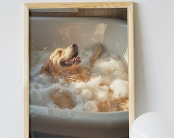 Golden Retriever Bathroom Wall Art, Funny House Decor Art Print, Golden Retriever Smiling in a Bubble Bath, Fun Poster, Pet Digital Download