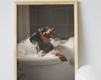 Dachshund Bubble Bath Art Print: Funny Bathroom Decor (Digital Download)