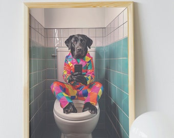 Funny Black Lab Bathroom Print: Dog on Toilet in Suit (Digital Download)