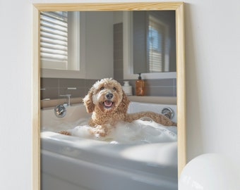 May include: A framed photograph of a light brown Goldendoodle dog in a white bathtub filled with bubbles. The dog is smiling with its tongue out. The bathroom has a window with blinds and a mirror.