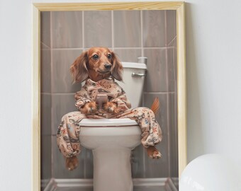 May include: A brown and tan dachshund dog wearing pajamas sits on a white toilet in a bathroom with brown tile walls. The dog is holding a cell phone in its paws.
