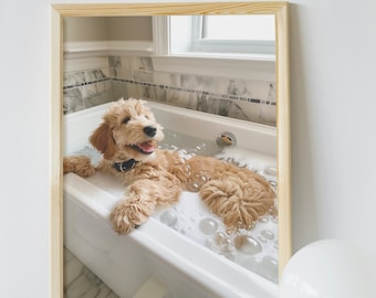 May include: A golden doodle dog is sitting in a white bathtub filled with bubbles. The dog is smiling and has its paws on the edge of the tub.