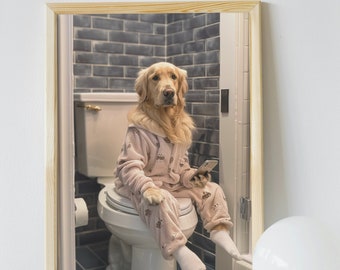 Funny Golden Retriever Bathroom Print: Dog on Toilet in Pajamas (Digital Download)
