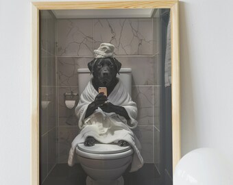 Funny Black Lab Bathroom Art Print: Dog in Robe (Digital Download)
