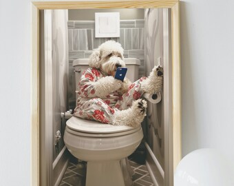 Sheepadoodle Bathroom Art: Funny Dog in Pajamas Print (Digital Download)