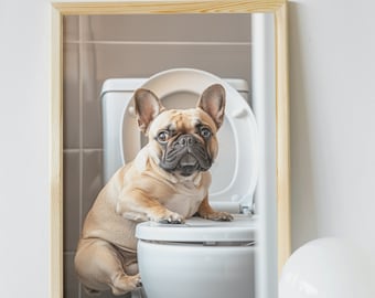 Puede incluir: Una fotografía enmarcada de un bulldog francés sentado en un inodoro blanco en un baño. El perro mira a la cámara con una expresión curiosa.