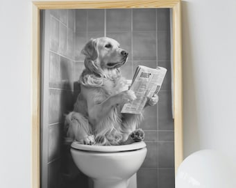 Könnte beinhalten: Ein Schwarzweißfoto eines Golden Retrievers, der auf einer Toilette sitzt und eine Zeitung liest. Der Hund trägt ein Halsband und hat einen ernsten Gesichtsausdruck. Die Zeitung trägt den Titel "Daily".