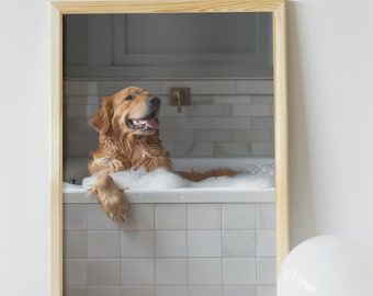 Golden Retriever Bubble Bath Art Print: Funny Bathroom Decor (Digital Download)